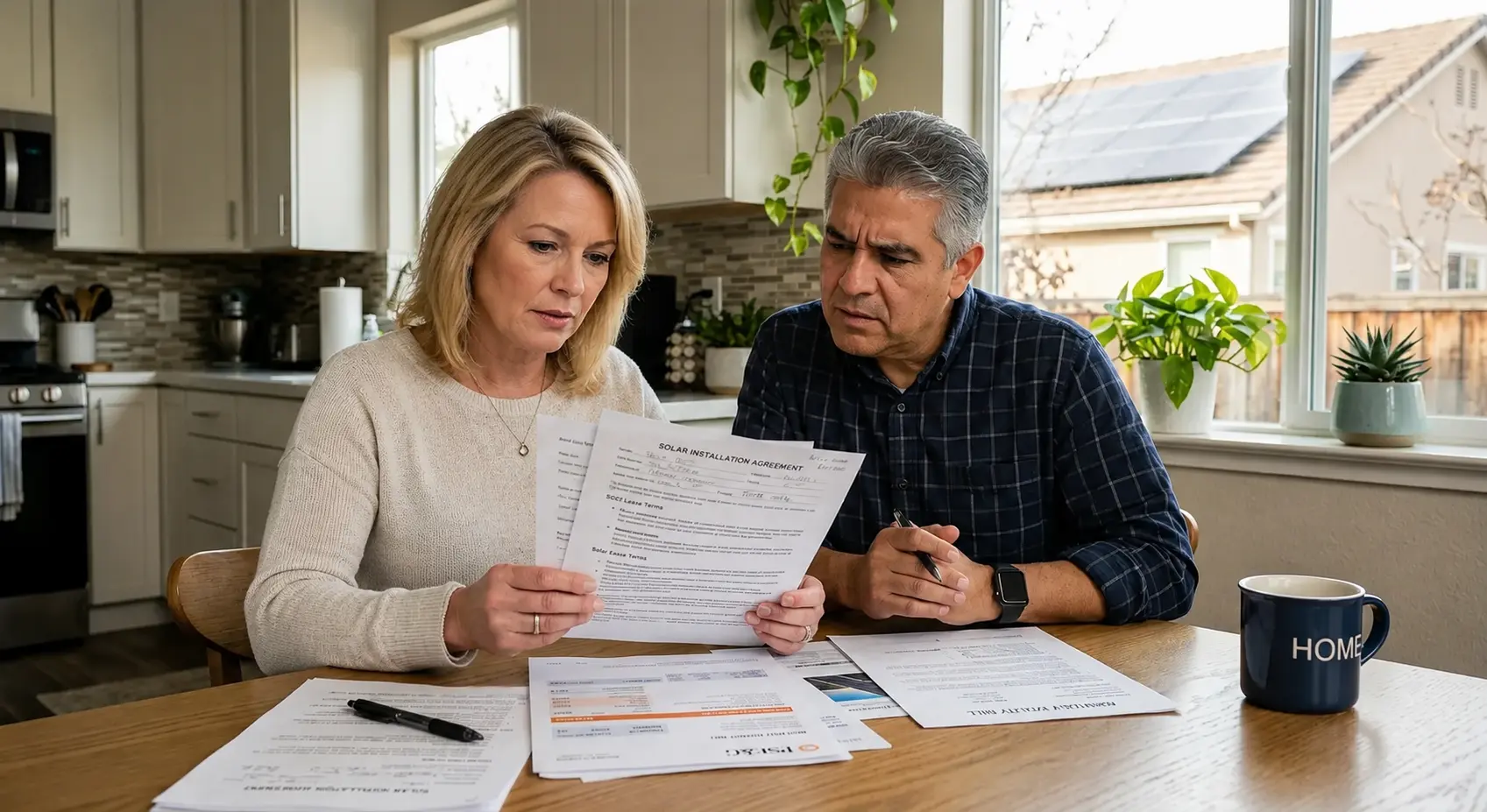 Concerned homeowner couple reviewing solar contract paperwork at kitchen table
